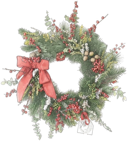 Couronne de Noël illustrée : conifères, baies rouges et nœud de ruban