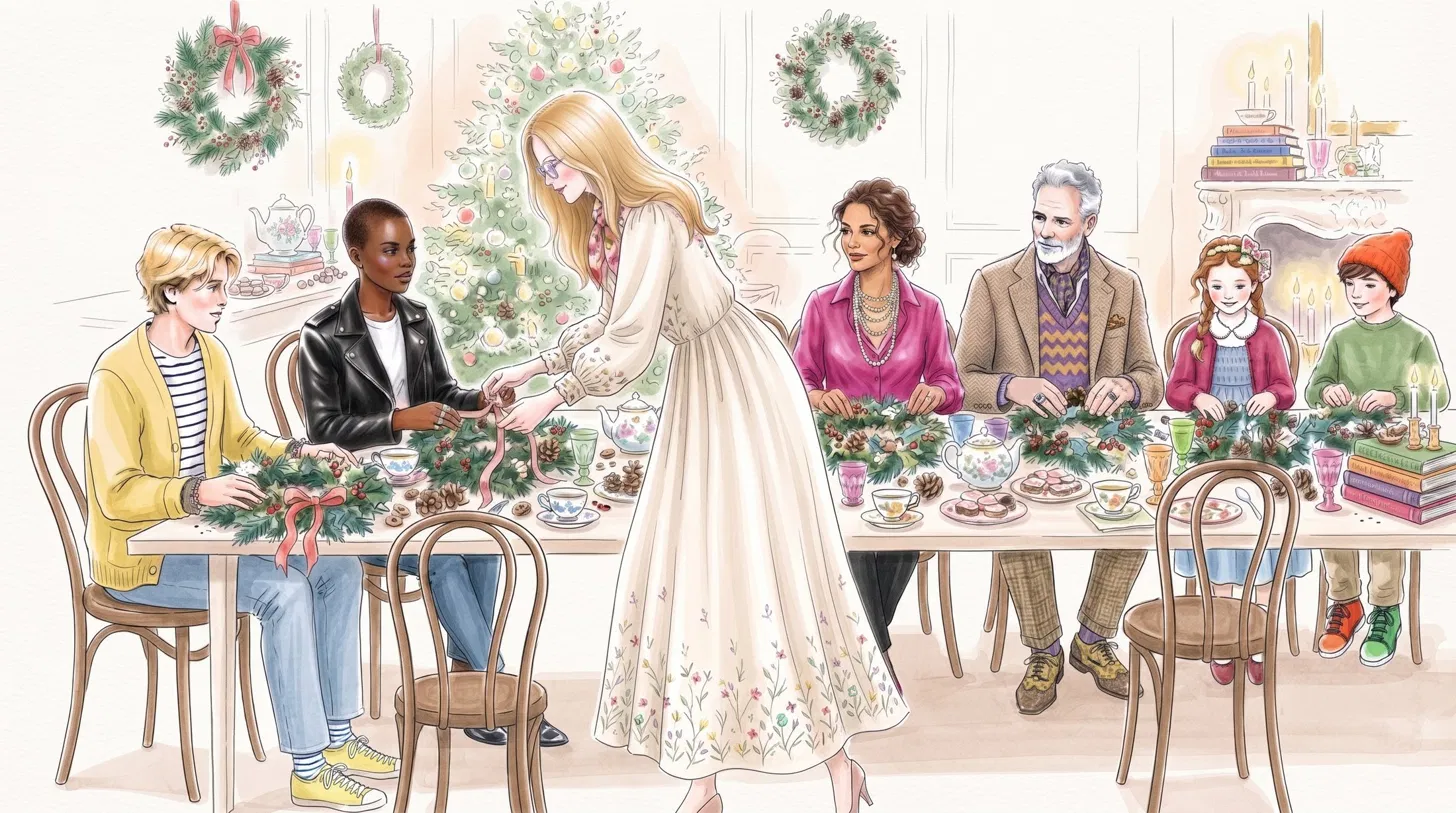 Atelier de couronnes de Noël La Lunaire — participants autour d'une table, guidés par la fleuriste